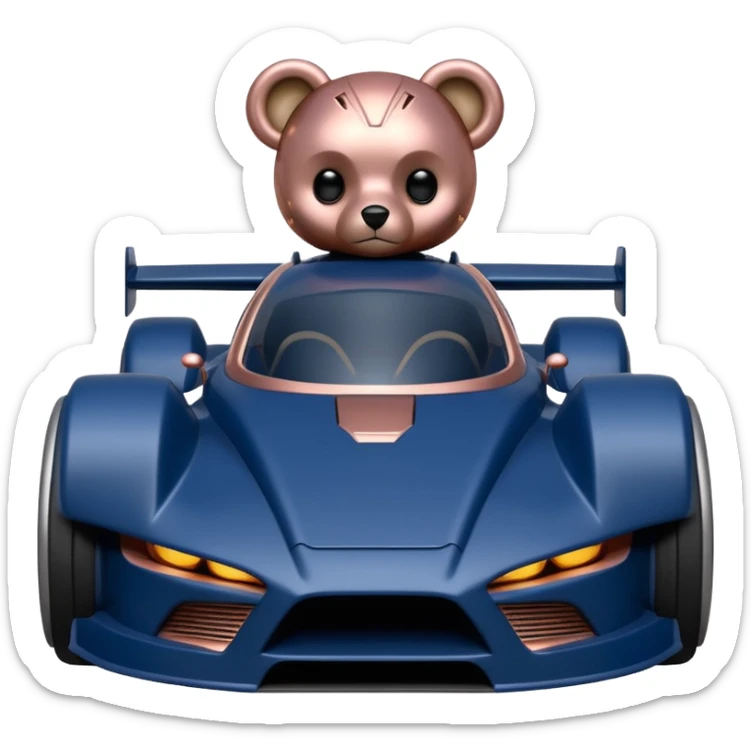 Real-proportional dark blue and rosegold-accented  racing car for furry-faced  evil alien scary robot teddy bear with rear spoiler (Star Wars style) sticker