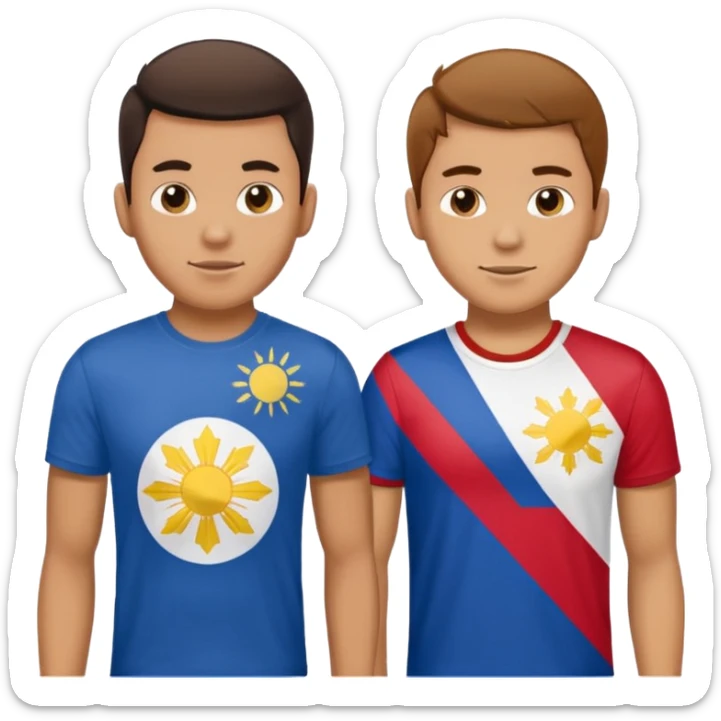 2 male Best buds , one in showing Philipines flag tshirt, one is showing Spanish flag in tshirt sticker