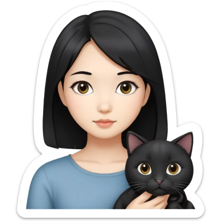 An Asian girl with shoulder-length black hair, slightly grey highlights. Holding two black cats. One with big round face, another one with slightly slimmer face.  sticker