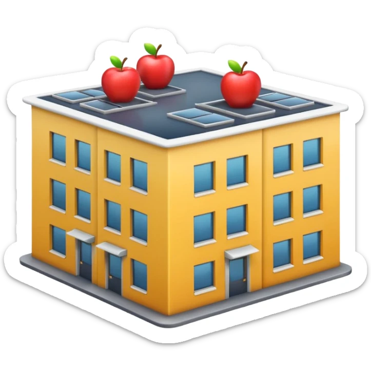 3D emoji-style icon of a small office building, showing people at desks through windows, Apple iOS style, soft lighting, glossy finish, white background sticker