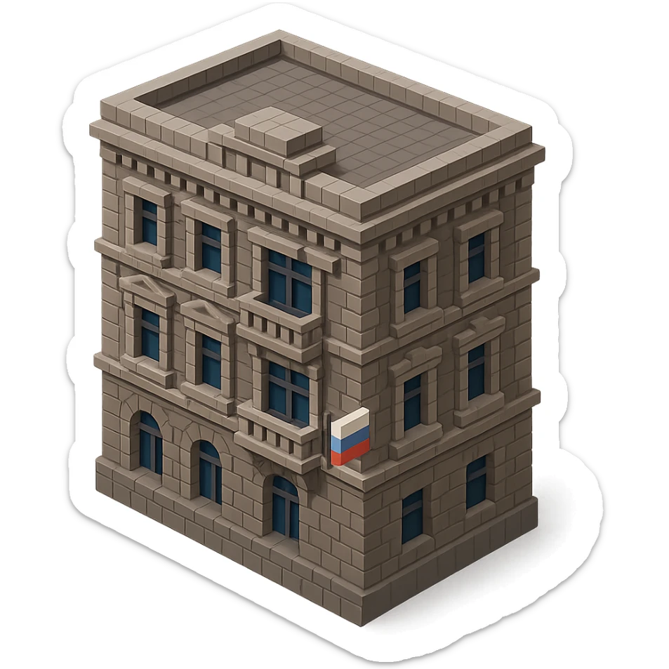 voxel style old Saint Petersburg building, gray-brown tones, ornate facade, Russian flag hanging from one window or balcony, isometric view sticker