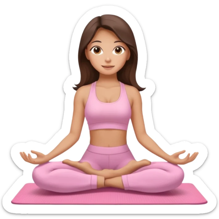Brunette long hair and brown eyes yoga beautiful girl in light pink pink pink clothes sitting on a yoga mat sticker