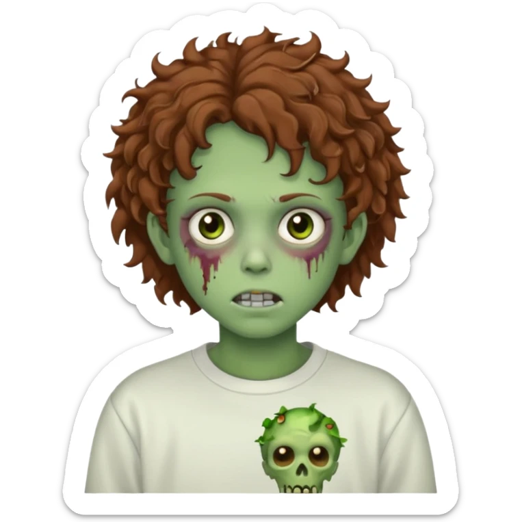  green teen zombie with brown curly hair and brown eyes wearing a white sweat sticker