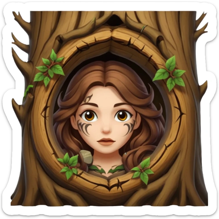 ute forest witch woman long wavy brown hair tattoos peeking from tree hollow sticker