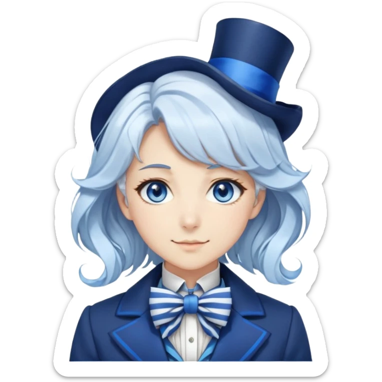 Beautiful gorgeous anime lady with white wavy hair with thin blue stripes, blue eyes, blue short top hat with a blue bow tie, smug grin, blue coat, blue cravat, white gloves sticker