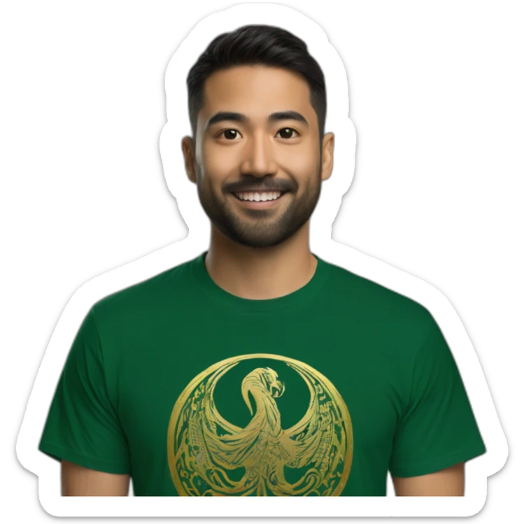 Green dark T-shirt with a gold logo of a simorgh sticker