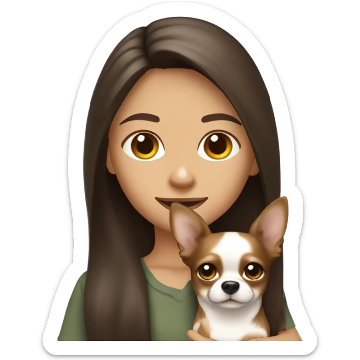 long hair brunette girl holding a tan,brown, and white chihuahua sticker