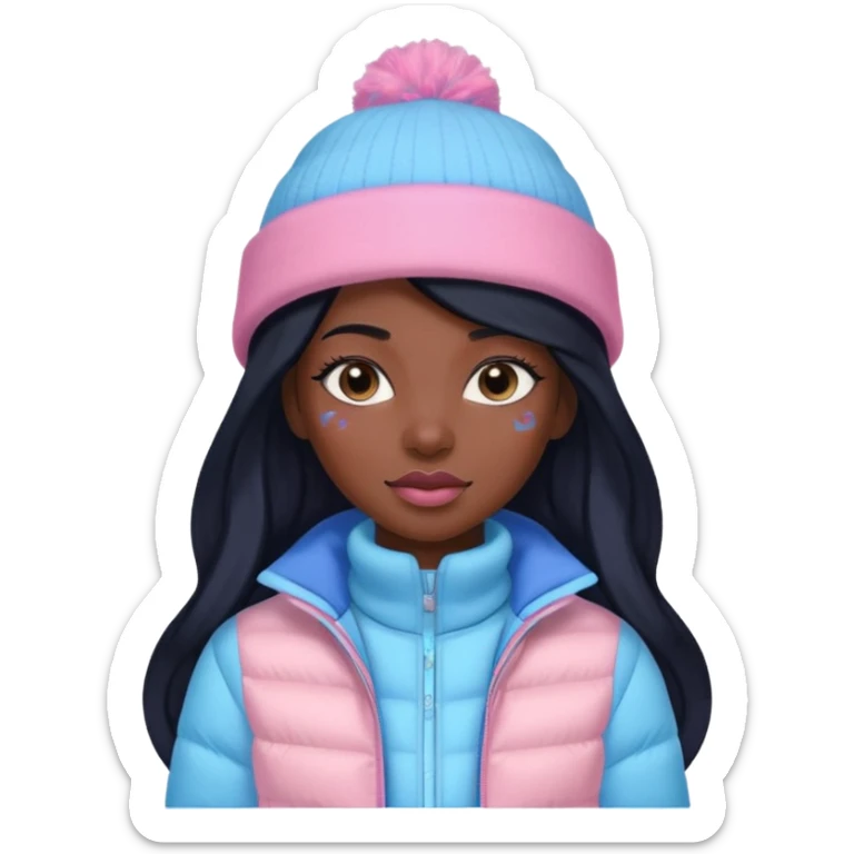 Black skin and black long hair lady with pink and blue pastel jacket and blue pastel winter hat sticker