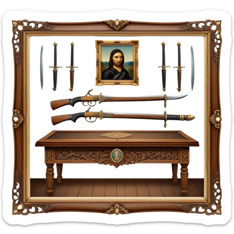 Icon for Antiques Collecting: vintage intricately carved furniture, famous paintings, antique swords, and rifles. The items are displayed on a wooden table or shelf. The icon should evoke the rich history and craftsmanship of antique collecting. Transparent background. sticker