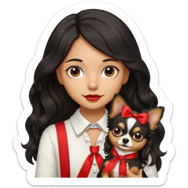 A girl with light to medium skin with olive skin tone, with long black hair with wavy bottom. Holding a chihuahua dog wearing a ribbon sticker