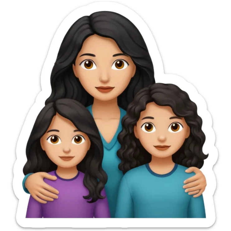 Beautiful mom ,black black hair,wavy hair，long hair,brown eyes,hispanic with 2 daughters and son  sticker