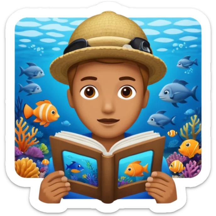 une personne qui lit un panneau afin d'en apprendre plus sur la vie marine  sticker
