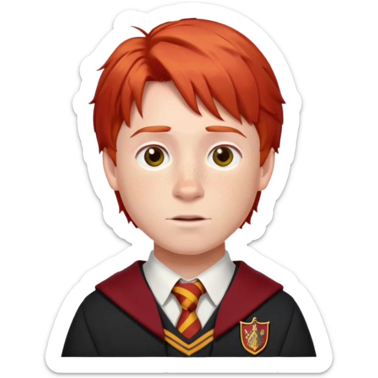 Ron Weasley with red hair, freckles, and Gryffindor school uniform sticker