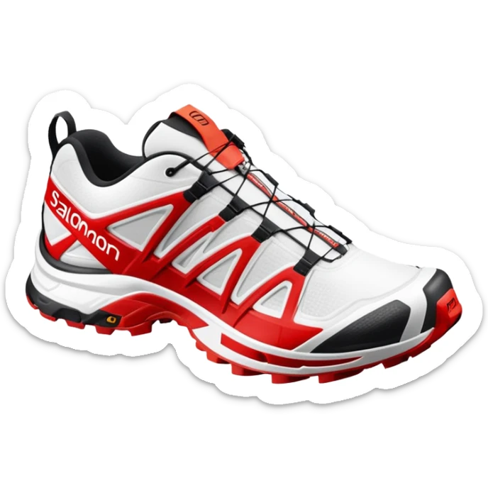Ultra simplified white Salomon XT-6 shoes with just a red colored line across the middle, one behind the other, completely white design except for the colored center line sticker