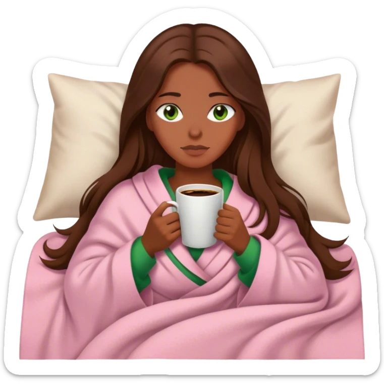 woman with very long brown hair and green eyes in a light pink blanket sleepy with coffee sticker