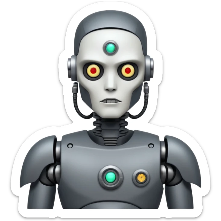 black metal Tatooed robot with radar, big many tatooes on chest, neck and face, white tatoo on face sticker