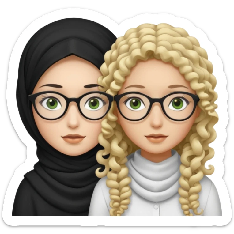 White hijabi girl with black eyes and black long hair white girl and black eyes wearing glasses and a white skin girl with curly honey hair and green eyes sticker