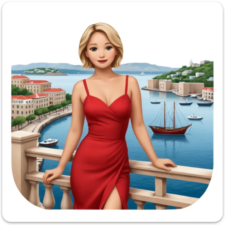 jennifer lawrence, red dress leaning on a balcony with a harbor and cityscape in the background, smiling sticker