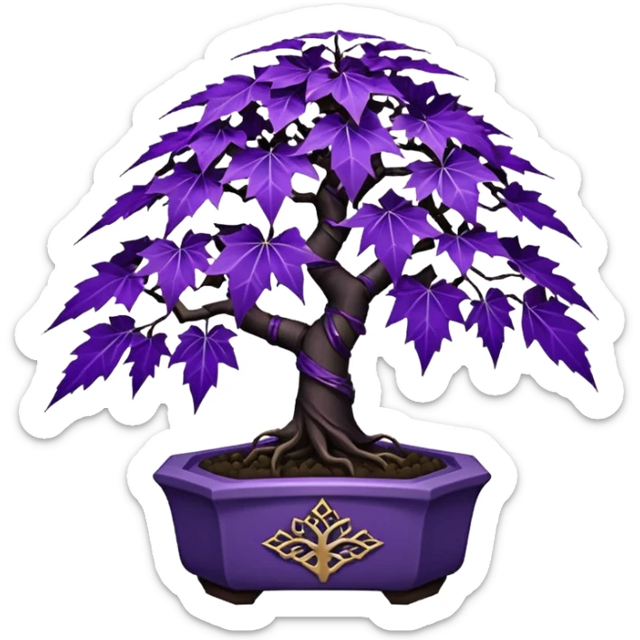  small short cascading black violet bonsai pot plant purple filigree-leaves maple tree with triangular angular multi-hexagon faceted asymmetrical originally shaped pot sticker