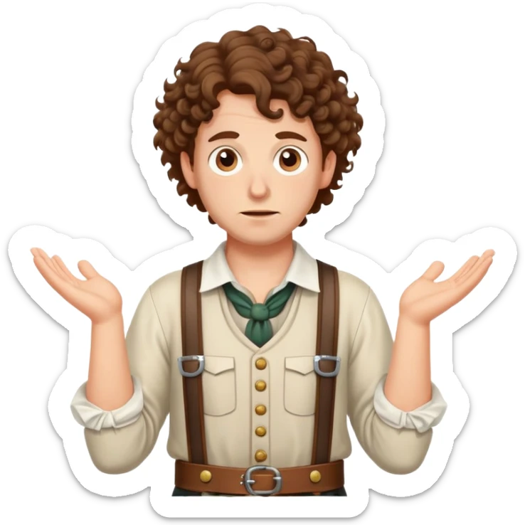 German person with brown curly hair in typical Bavarian clothing (lederhosen) shrugging and looking lost sticker