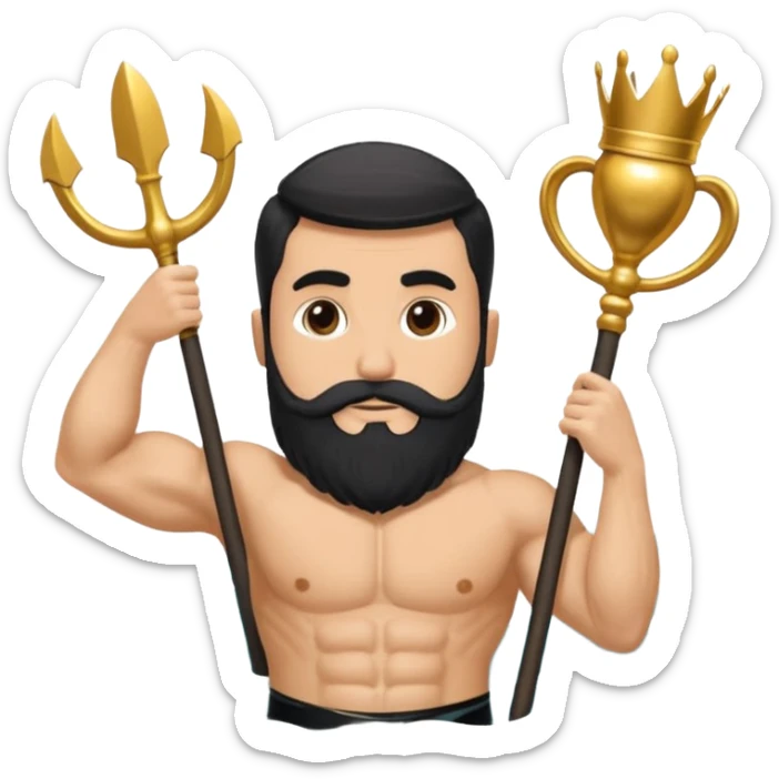 vull un perosnatge estil bimoji que sigui alt i fort amb una musculatura marcada i poderosa. Té una barba espessa i el cabell arriba fins a l'alçada del coll. Se'l representa amb la indumentària real i una corona al cap. Que tingui cara d'enfadat. sticker