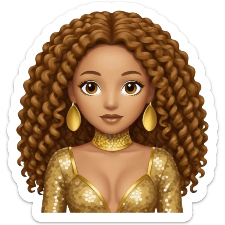 Mel B from Spice Girls with long brown curly hair, gold sequin outfit sticker