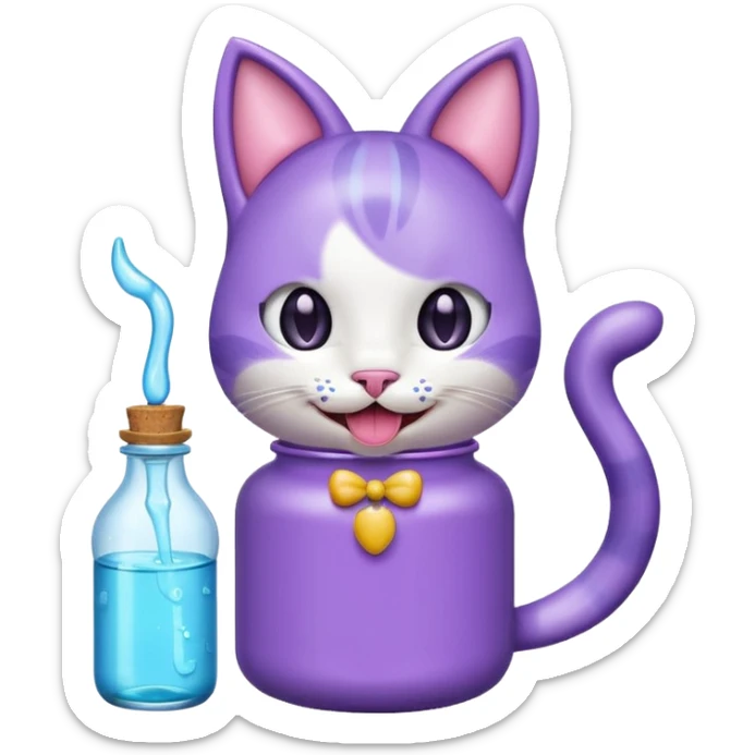 Smiling bottle of oil light purple top and light blue sticking tongue out and with cat ears sticker