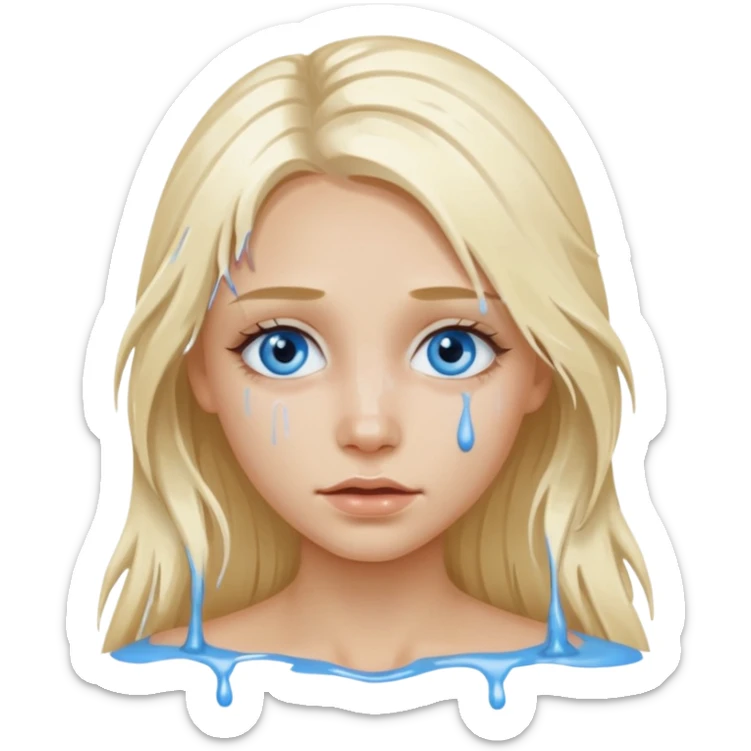 Blonde blue eyed long hair girl emoji with white paint all over its face dripping  sticker