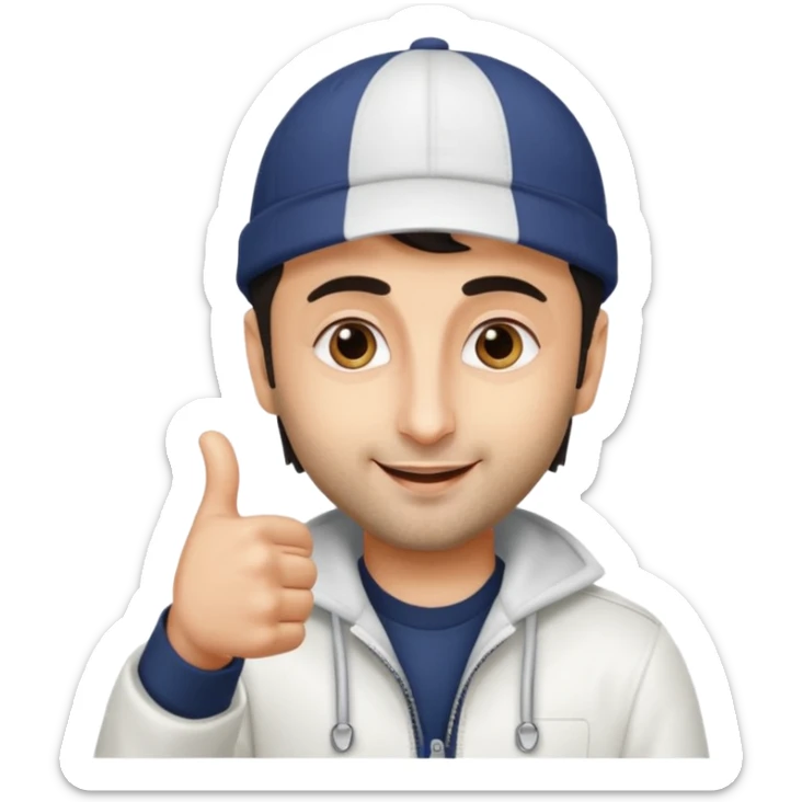 generate a pretty bratz emoji of ranbir kapoor wearing a white cap and doing a thumbs up sticker