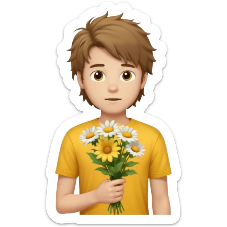 generate an ios genmoji of a 20 year old fair boy with brown long and messy hair with light beard on cheeks. carrying a flower bouquet, wearing a yellow tshirt, looking shy.  sticker