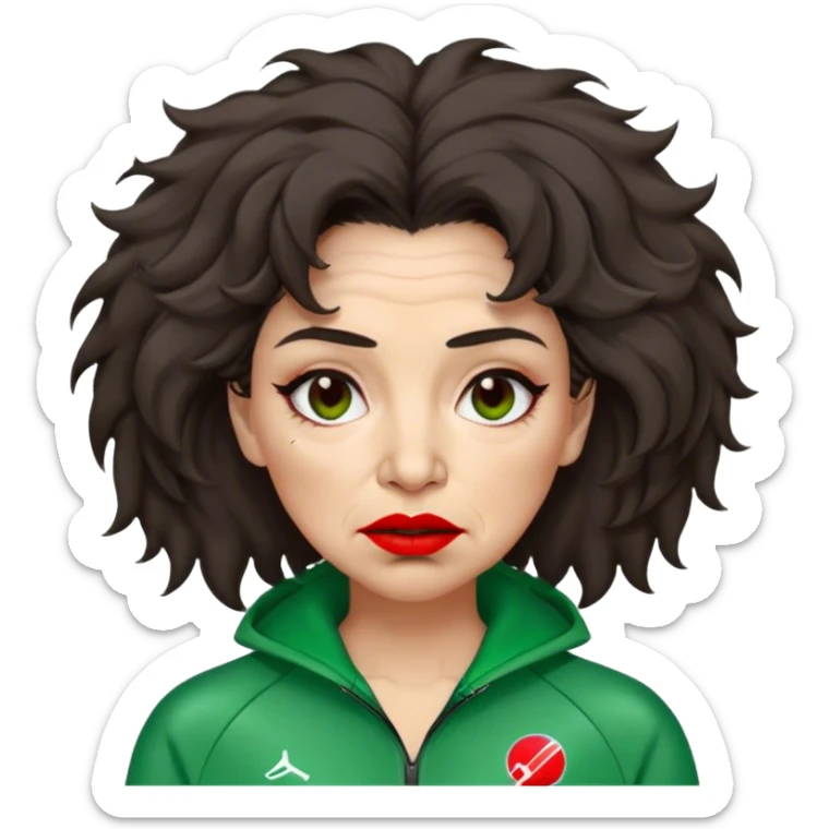 Han Mi-nyeo: Age Late 60s
A woman with many wrinkles face, frizzy, very messy dark brown hair and dramatic red lipstick.
Outfit: Green player tracksuit sticker
