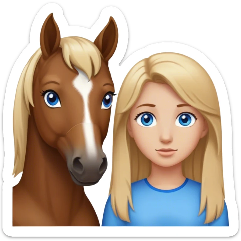 a bay horse standing next to a dark blonde girl with blue eyes sticker