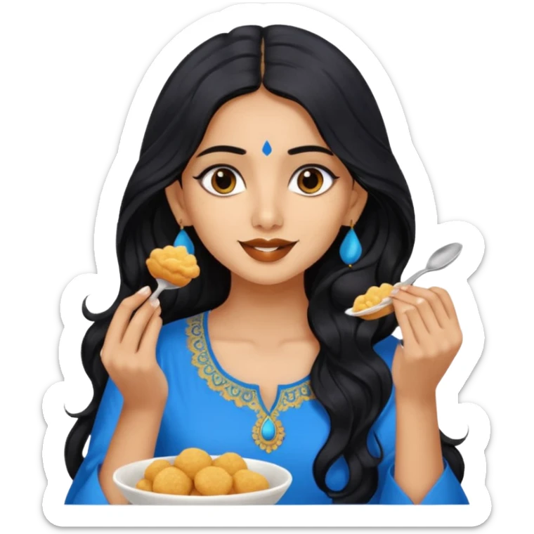a pretty tan indian bratz girl with wavy long BLACK hair. eyeliner on, wearing a blue kurti, eating golgappa (without spoon) sticker