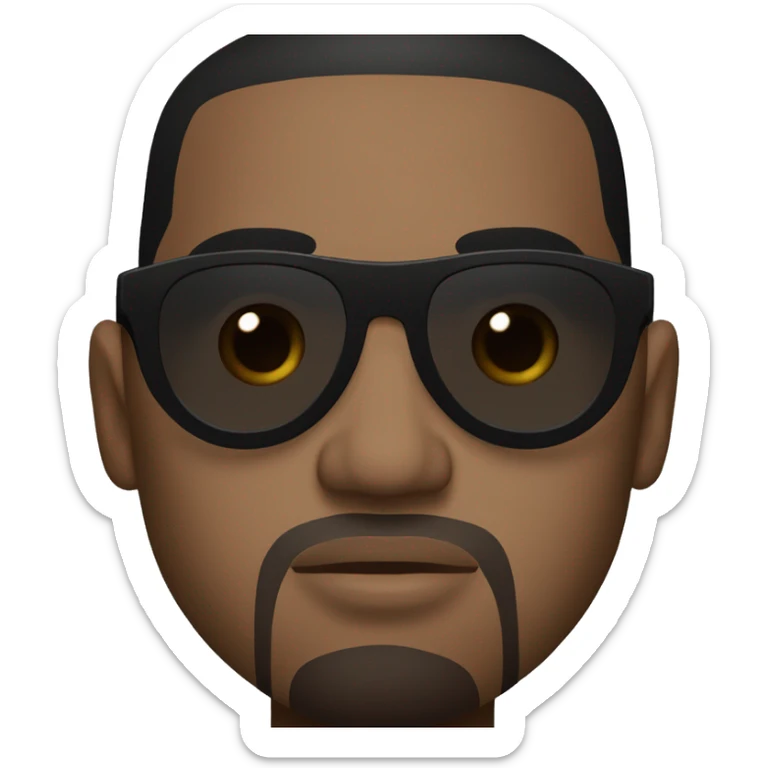 Kanye West has a round face with a prominent jawline. His skin is brown, and he has short black hair. He often wears stylish, oversized sunglasses. sticker