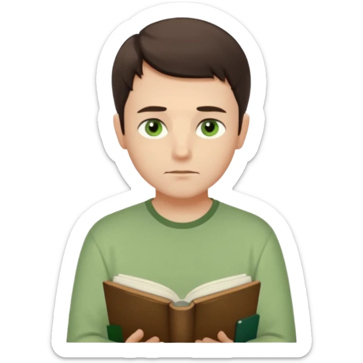 Thoughtful gentle man, fair skin, short dark brown hair, calm green eyes, simple light green shirt, waist-up front-facing, holding a closed book, serene expression, minimal background, soft lighting. sticker
