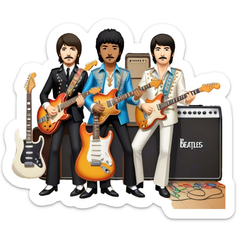Rock music icon: collage of legendary rock stars—The Beatles, Jimi Hendrix, Elvis Presley, Queen, Nirvana, Led Zeppelin. Electric guitars, amplifiers, and microphones surrounded by vibrant stage lights and musical notes. Transparent background. sticker