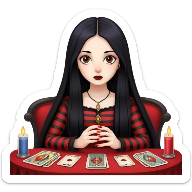girl with long black hair in a respite of red stripes. with round eyes and a snub nose. oval face. dressed in gothic style and makes a layout on tarot cards sticker