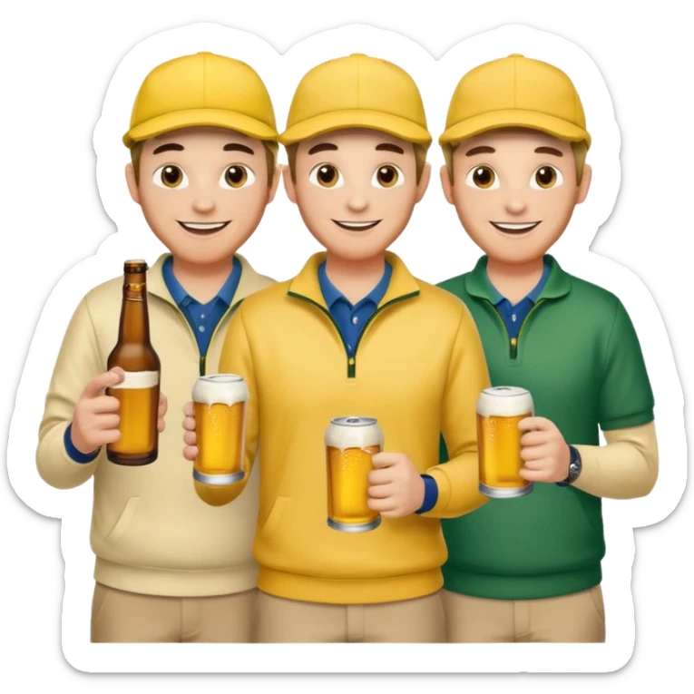 16 men on a golf trip wearing yellow golf caps all holding a beer can with a Xmas style label. Has to be 16 of them. sticker