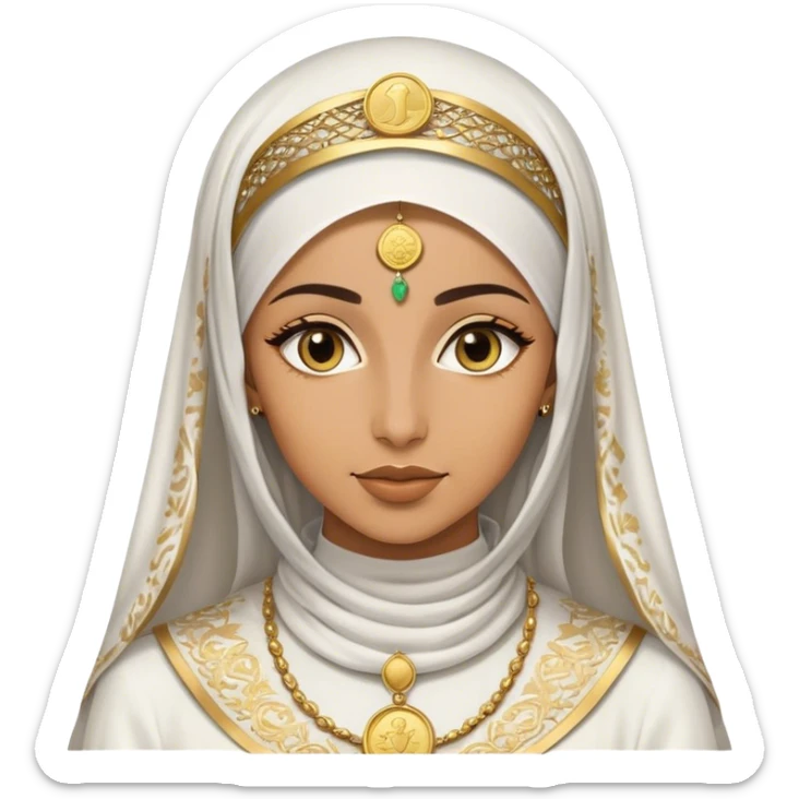 An Arab woman wearing a white and gold traditional with an ornate gold coin face veil  sticker
