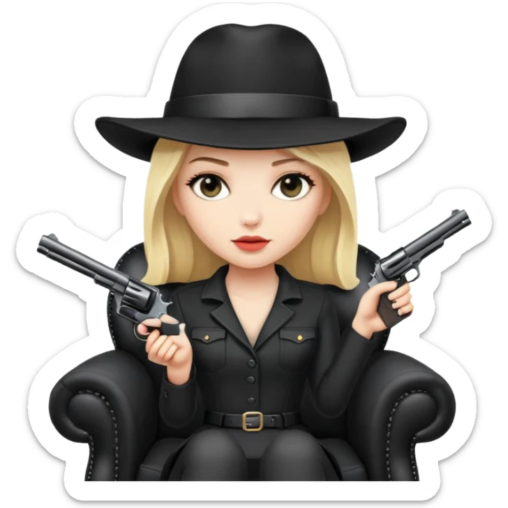 Mafia blondes woman in hat , gun , armchair , black sticker