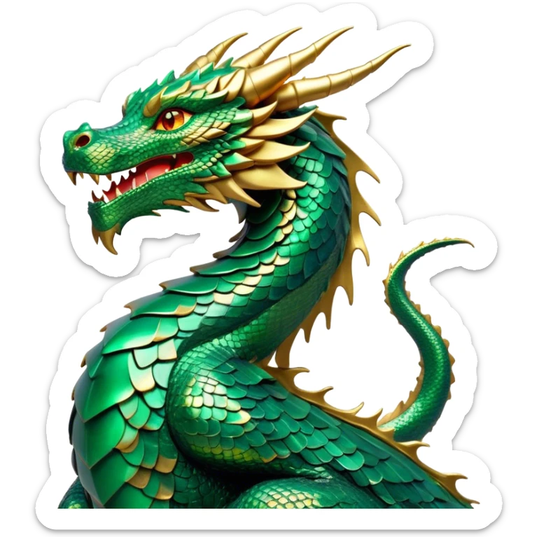 Cinematic Noble Dragon Portrait Emoji, Poised and majestic, with a sinuous, elongated body covered in intricately detailed, shimmering scales in hues of emerald and gold, and piercing, fiery eyes that reflect ancient wisdom; rendered with lifelike texture and natural highlights, high shine, intelligent and formidable, styled with an aura of mythic power, focused and attentive, soft glowing outline, capturing the essence of a legendary dragon that appears ready to soar out of the screen with timeless authority! sticker