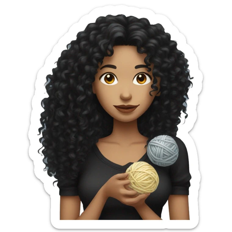 woman with long black curly hair holding a ball of yarn wearing black clothes sticker