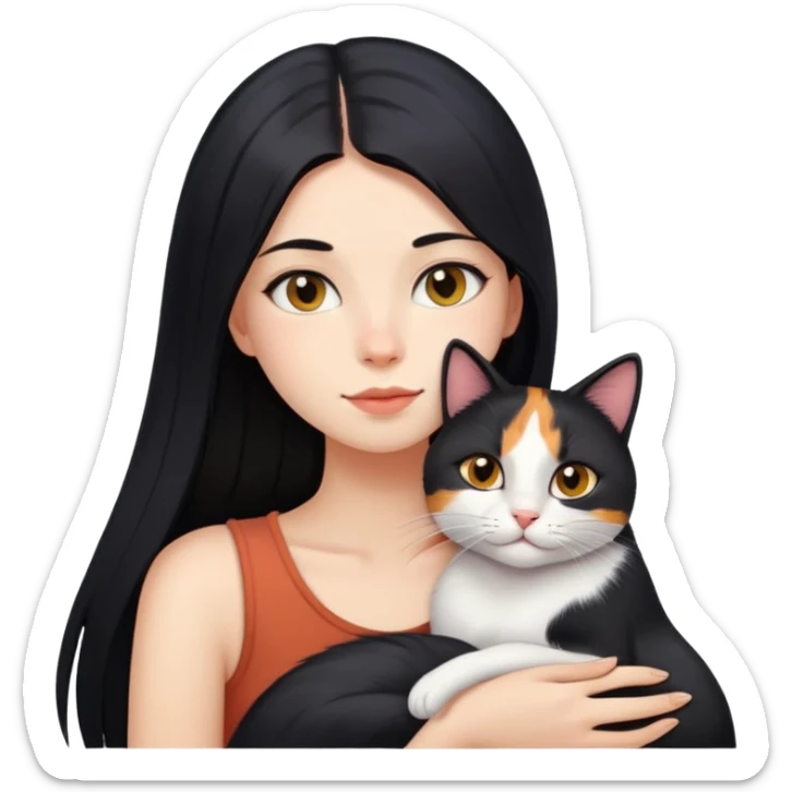 girl with long black straight hair and domestic calico cat is lying on her left shoulder and neck emoji  sticker