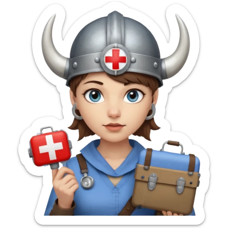A young woman with beautiful blue eyes, short brown hair shaved on the sides, giving her a Viking look and a horned helmet. She holds a medical kit with a red cross icon in her hand. A stereoscope hangs around her neck. sticker