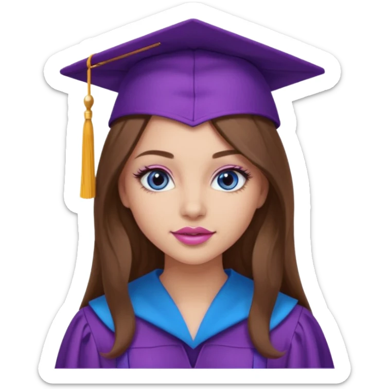 girl with gorgeous long brown hair, blue eyes, long lashes makeup, sexy pink lips, wearing a purple graduation cap and gown sticker