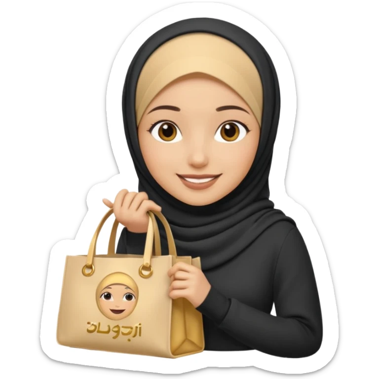 stunning hijabi girl smiling as iOS 18 emoji, tote bag with 'keep chasing your dream' in soft gold lettering sticker
