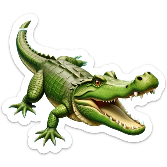 cinematic-crocodile-realistic-full-body-lounging-emoji,-massive-scaled-body-partially-submerged-in-shallow-water,-head-tilted-dramatically,-rough-green-and-brown-hide-textured-with-deep-ridges,-simplified-yet-realistic-focused-features,-highly-detailed,-glowing-with-an-almost-sarcastic-glow sticker
