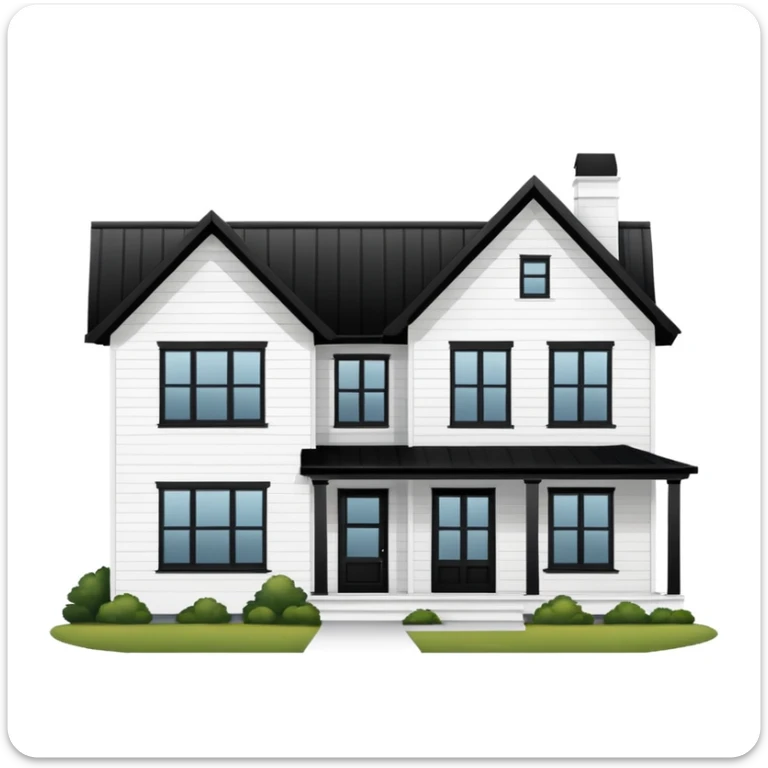 modern farmhouse with white siding, black roof and black trim, exterior view sticker