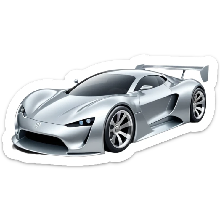 A low-profile futuristic car emoji made of polished silver chrome, wide body stance, smooth aerodynamic shape, glossy metallic surface, soft reflections, luxury swag aesthetic, minimal details, iOS emoji style, centered on clean white background, studio lighting sticker