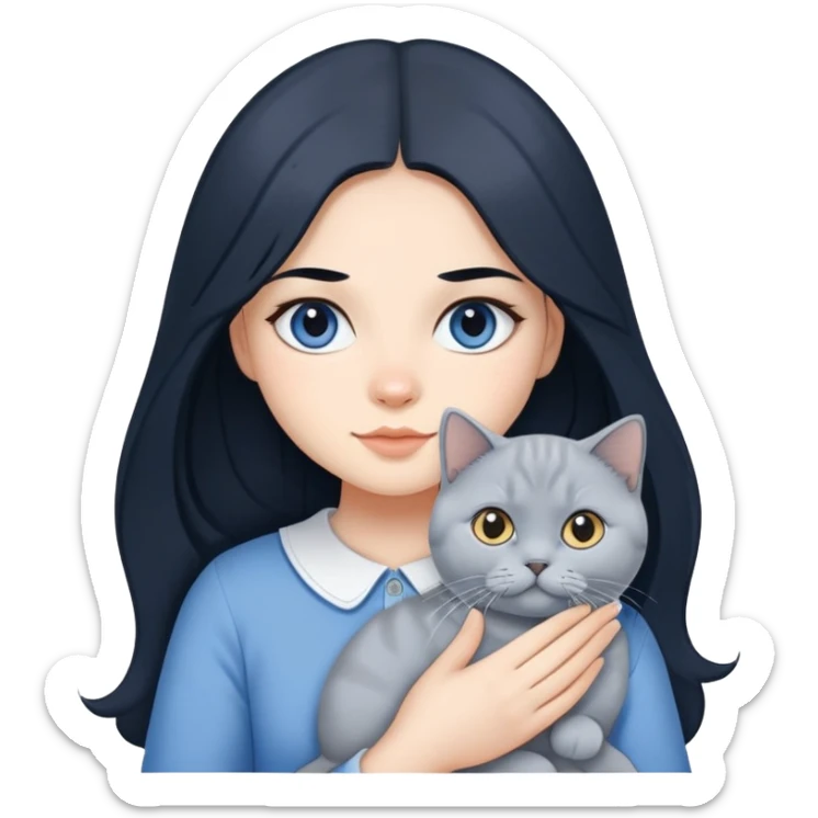 A girl with long black hair is holding a blue and white British shorthair sticker